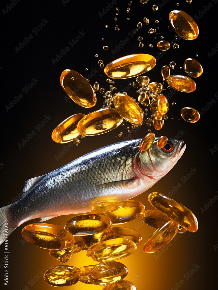 Fish oil pills and fresh fish on light background