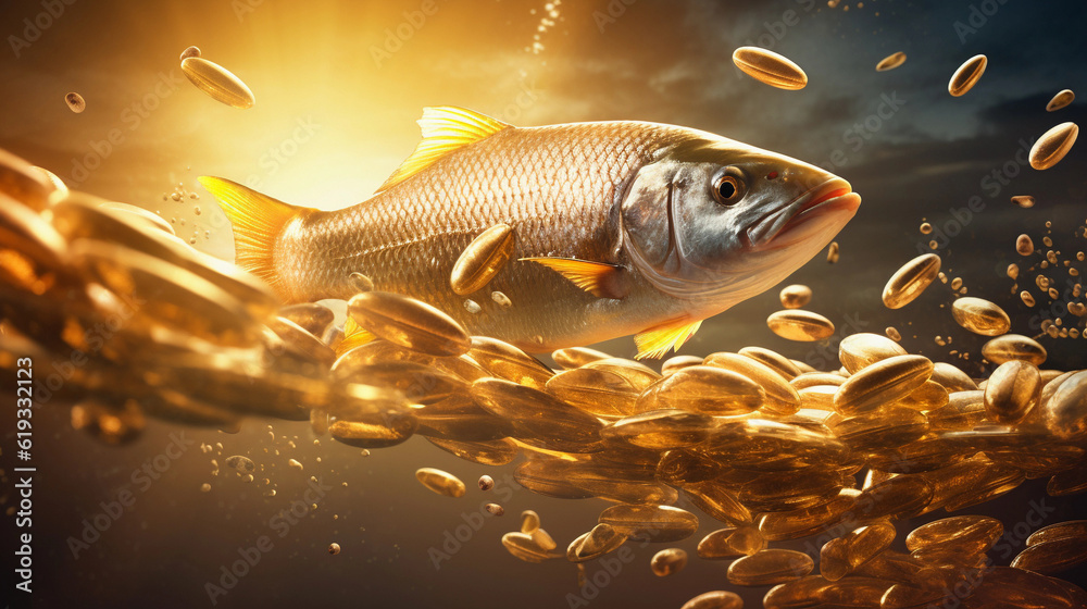 Fish oil pills and fresh fish on light background