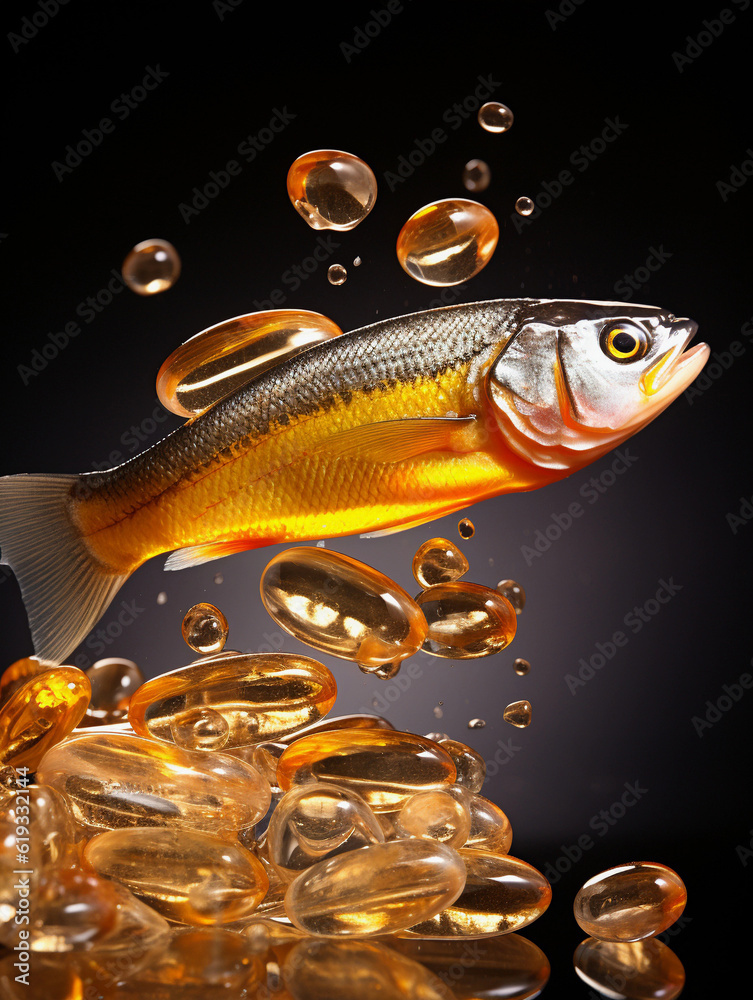 Fish oil pills and fresh fish on light background