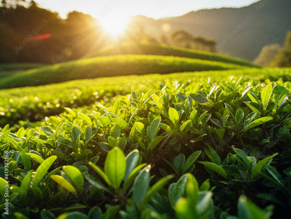 Growing green tea in a green tea plantation with golden sunlight