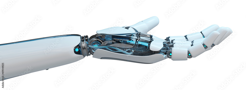 Isolated robot hand. 3D rendering white and blue cyborg arm. Humanoid open palm cut out with transpa