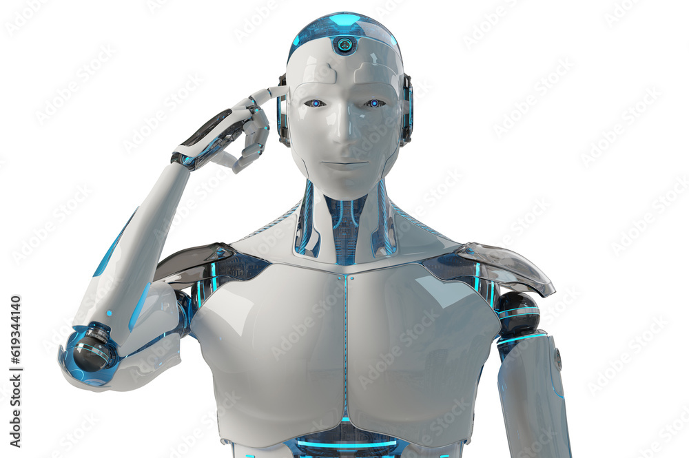 Futuristic robot touching his head. Isolated robot using artificial intelligence. 3D rendering white