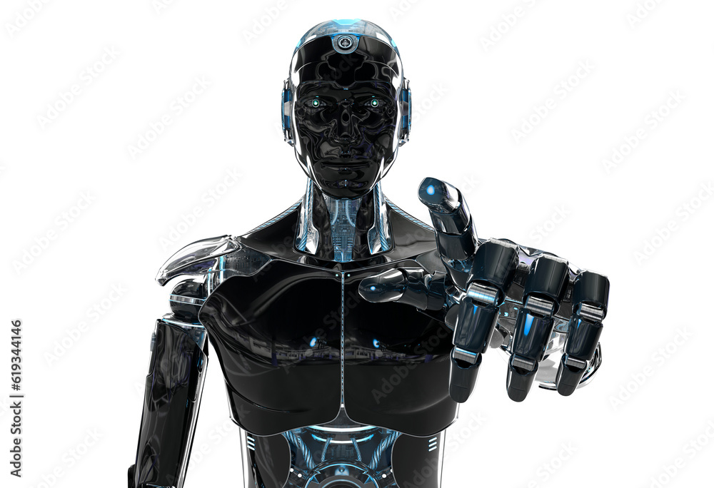 Isolated dark robot pointing finger. Futuristic cyborg using artificial intelligence. 3D rendering b