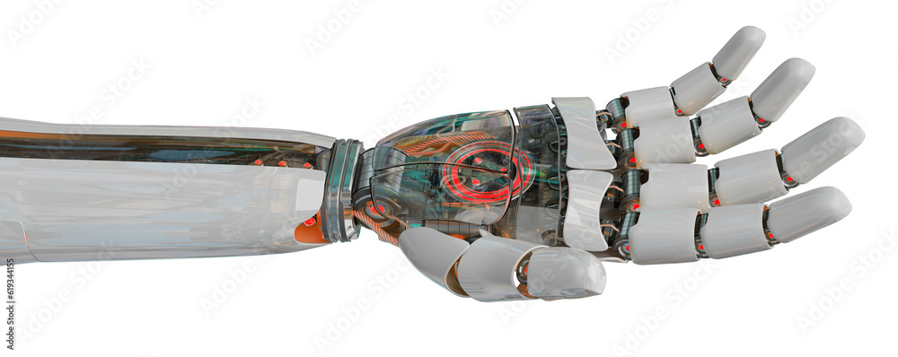 Isolated robot hand. 3D rendering white and blue cyborg arm. Humanoid open palm cut out with transpa