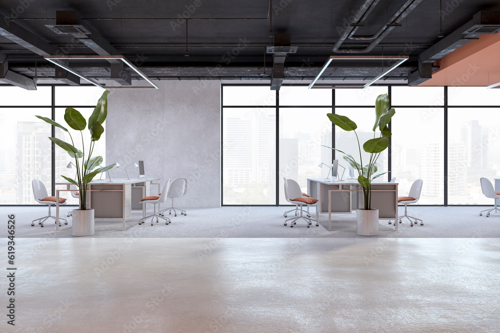 Modern coworking office interior with window and city view, equipment and furniture. 3D Rendering.