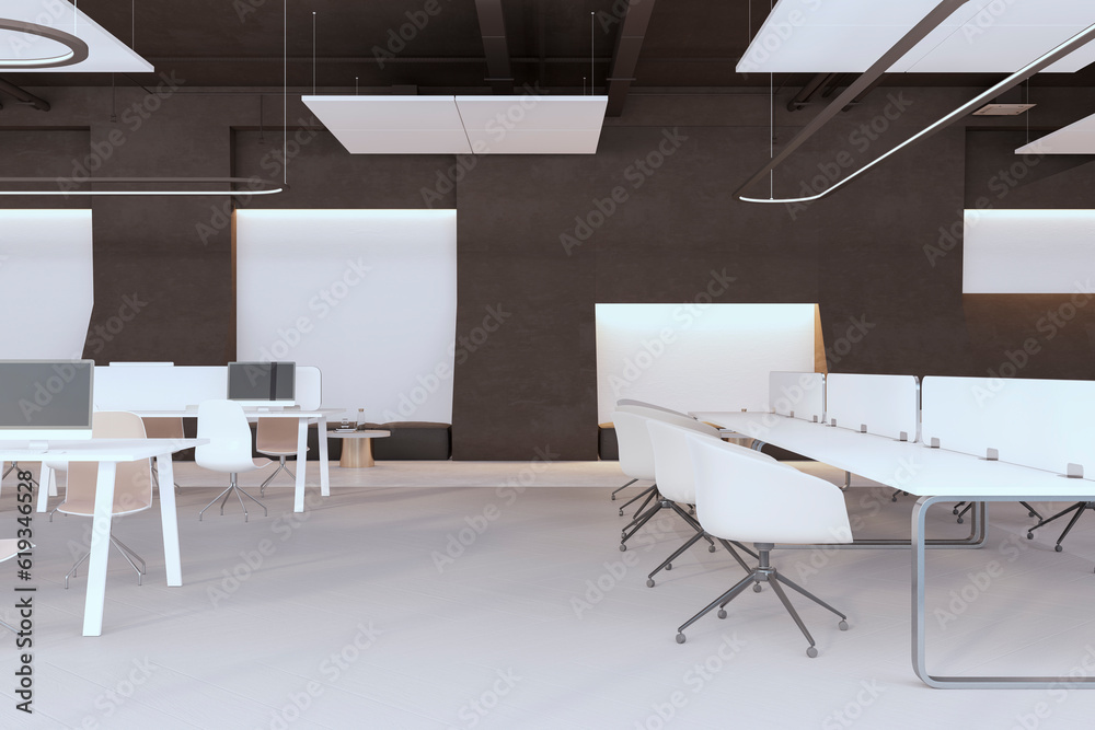 Modern dark coworking office interior with equipment and furniture. 3D Rendering.