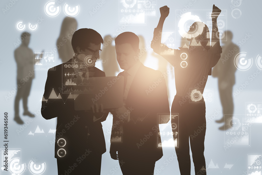 Blurry businesspeople silhouettes with business charts on light background. Teamwork and finance con