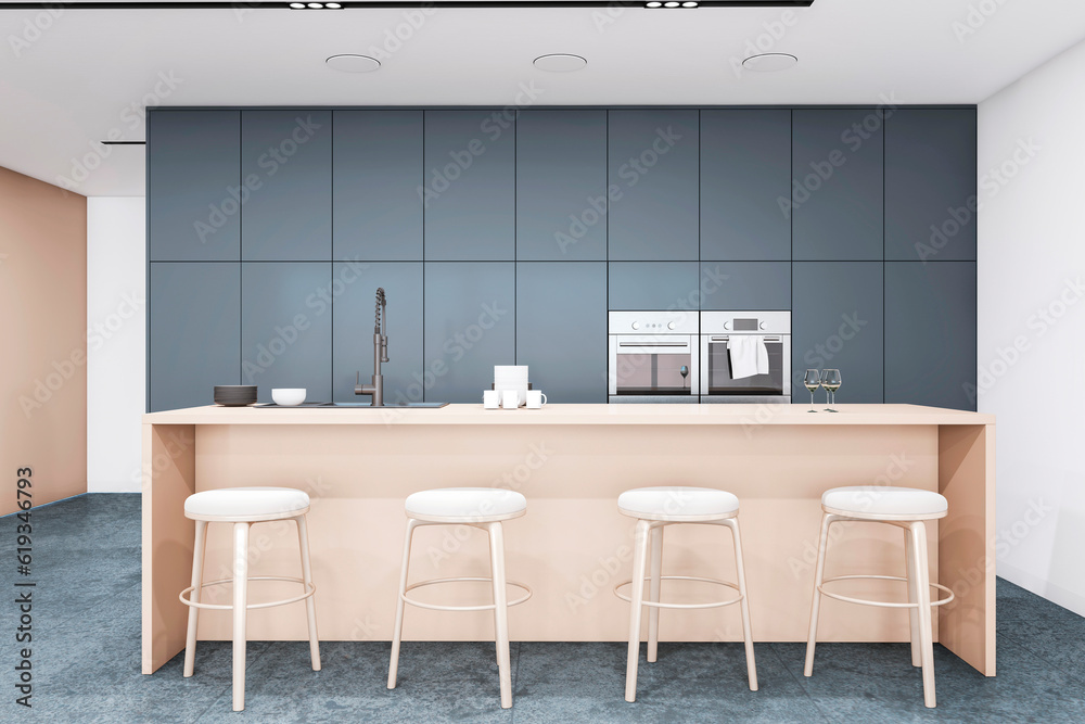 Front view of empty modern kitchen interior with concrete floor and white walls. 3D Rendering