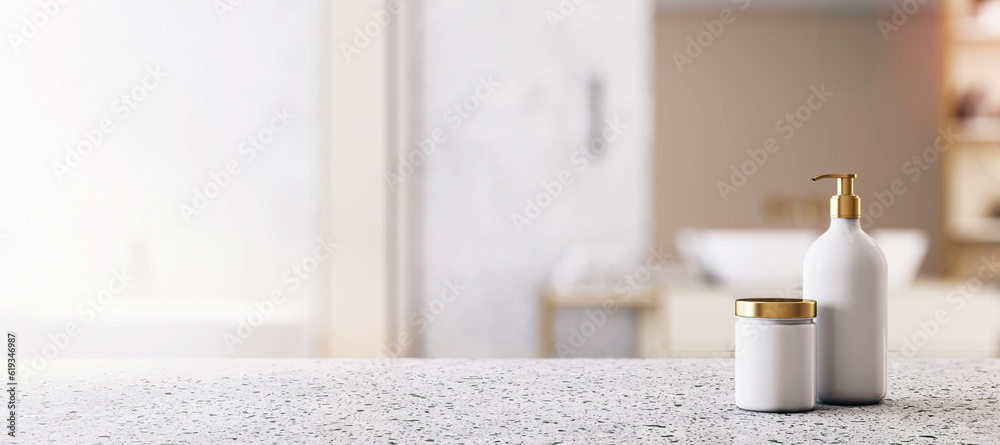 Front view of empty stone countertop in bathroom interior with blurred background and white bathroom