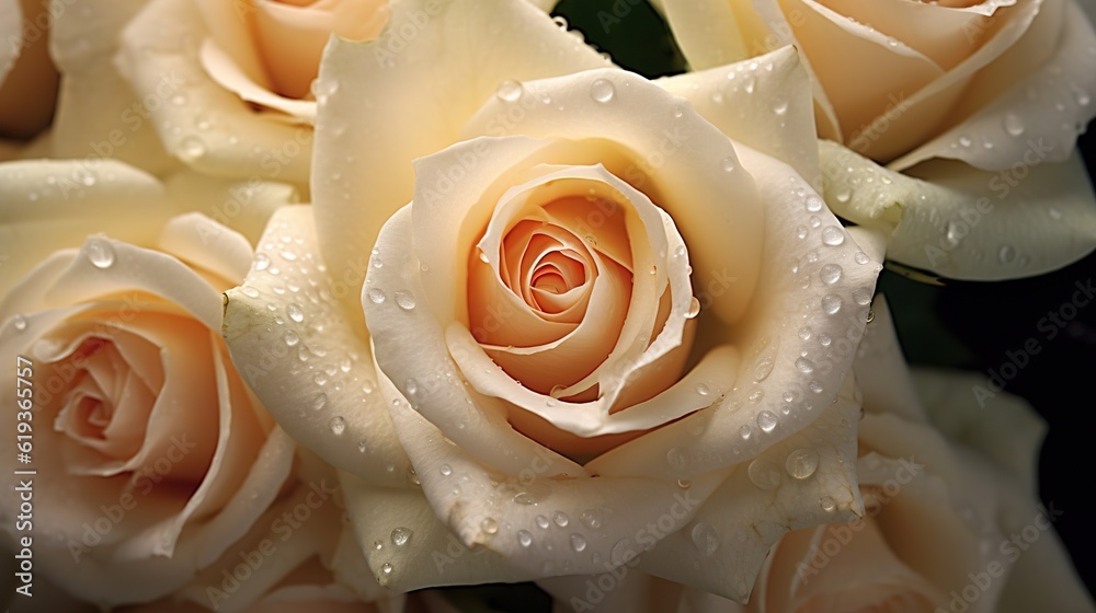 Creamy Roses flowers with water drops background. Closeup of blossom with glistening droplets. Gener