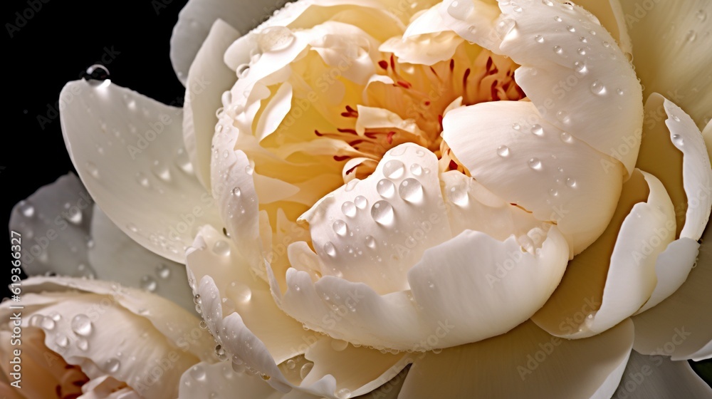 White Peony flowers with water drops background. Closeup of blossom with glistening droplets. Genera