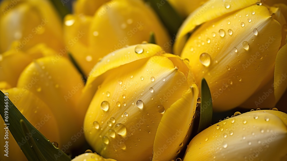 Yellow Tulips flowers with water drops background. Closeup of blossom with glistening droplets. Gene