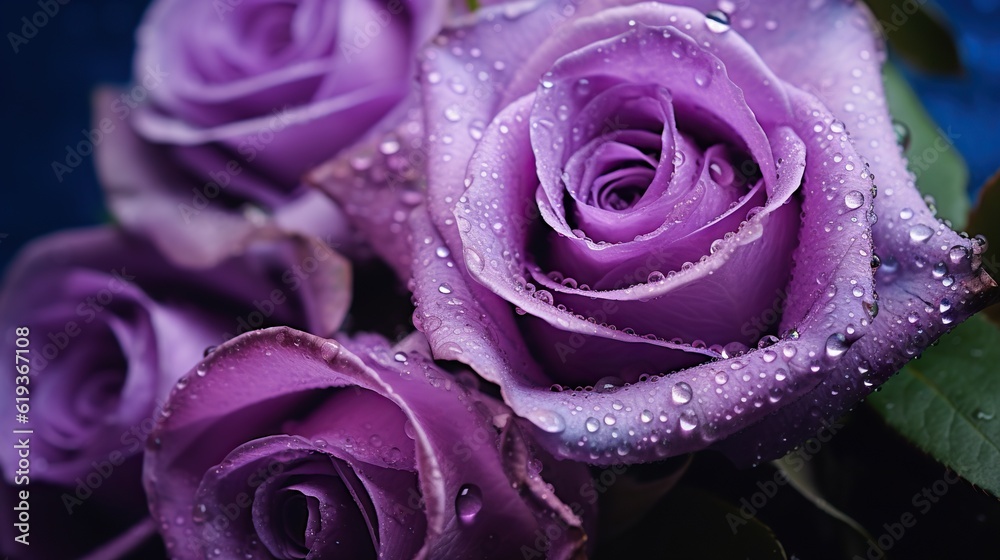 Purple Roses flowers with water drops background. Closeup of blossom with glistening droplets. Gener