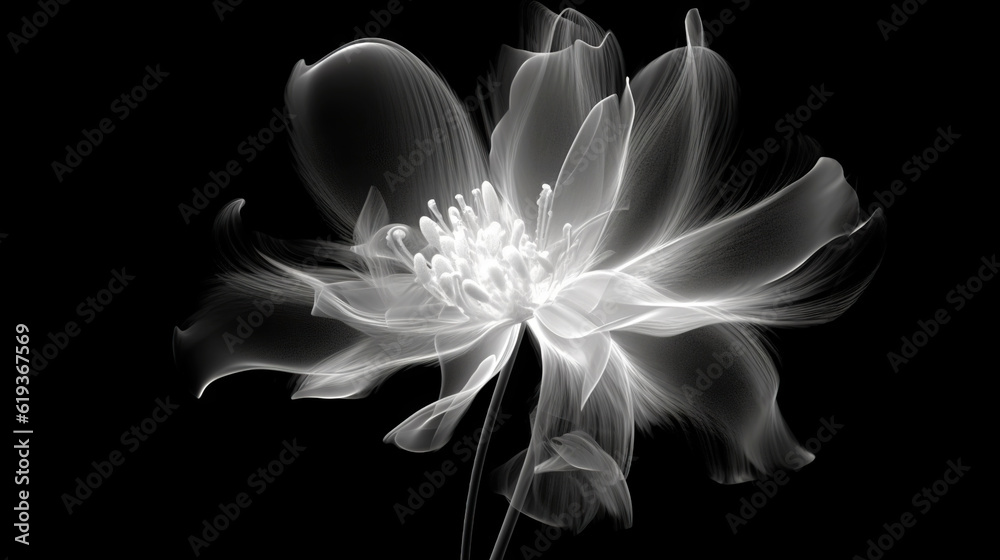 Monochrome x-ray image of a ethereal flower on black. Fantasy mystical blossom. Generative AI