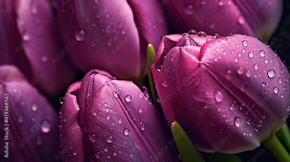 Purple Tulips flowers with water drops background. Closeup of blossom with glistening droplets. Gene