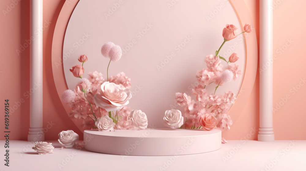 Podium with pink roses on pastel pink background to display products, gift or cosmetics. Generative 