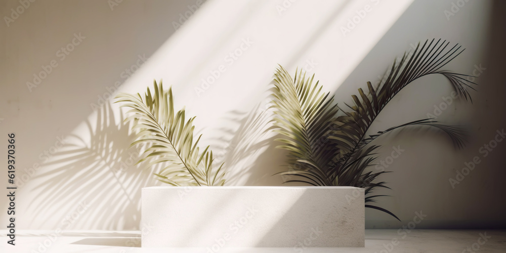 White product display podium with nature palm leaves. Generative AI