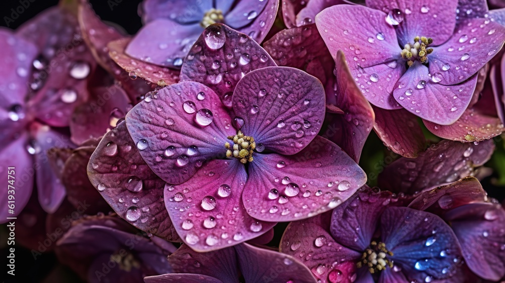 Purple Hydrangeas flowers with water drops background. Closeup of blossom with glistening droplets. 