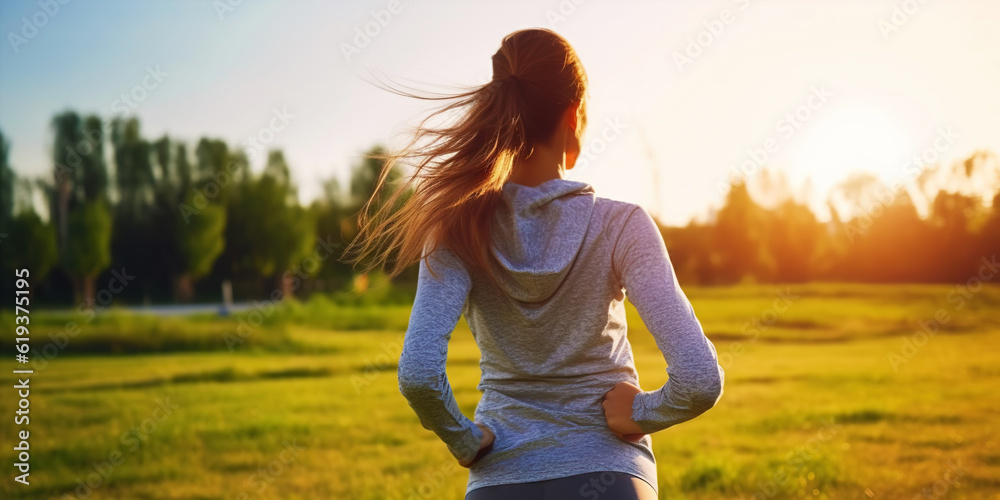 Woman running on grass field. Female jogging workout concept. Generative AI