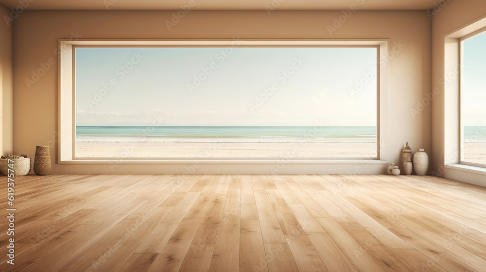 Empty apartment room with wooden floor of beach house. Sea view from windows. Copy space. Generative