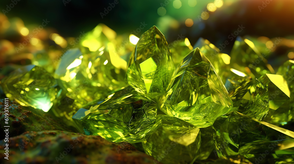 Amazing bright and shiny Olivine crystal cluster background. Jewel mineral detailed macro. Generativ