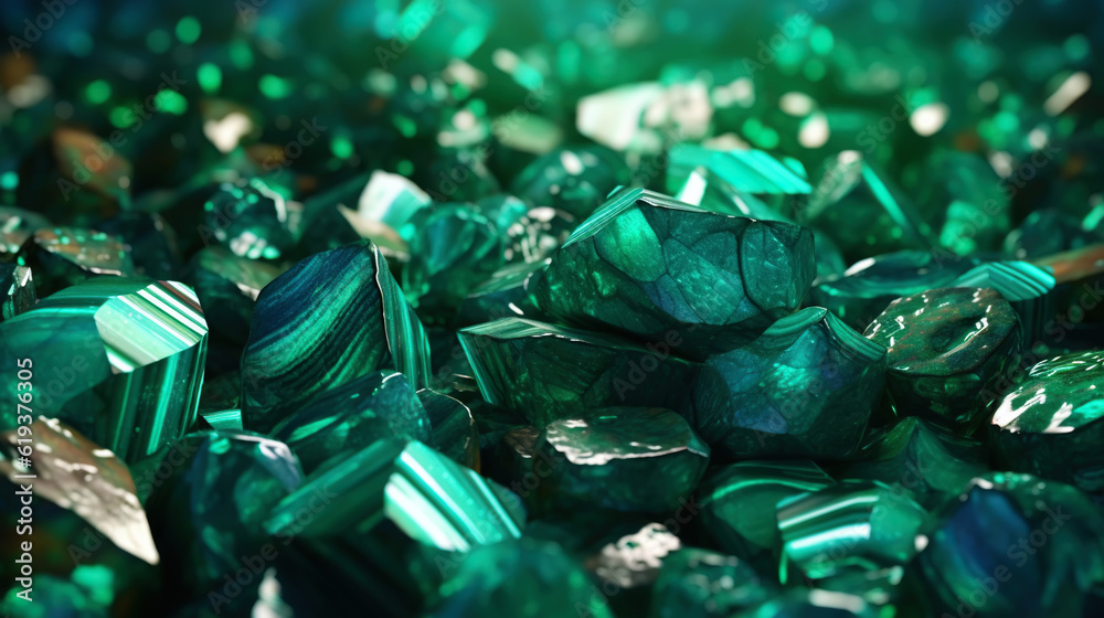 Amazing bright and shiny Malachite crystal cluster background. Jewel mineral detailed macro. Generat