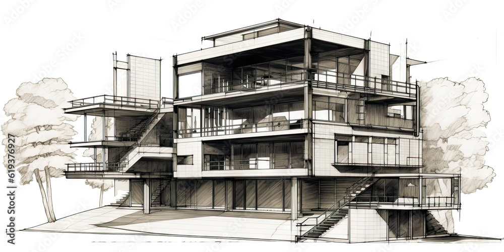 Detailed pencil sketch of modern suburban house. Abstract imaginary building concept. Generative AI