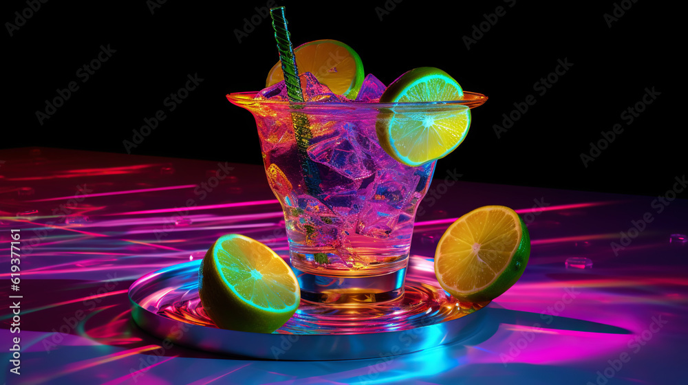 Glass of cocktail in hypnotic neon light. Colorful rave party drink. Generative AI