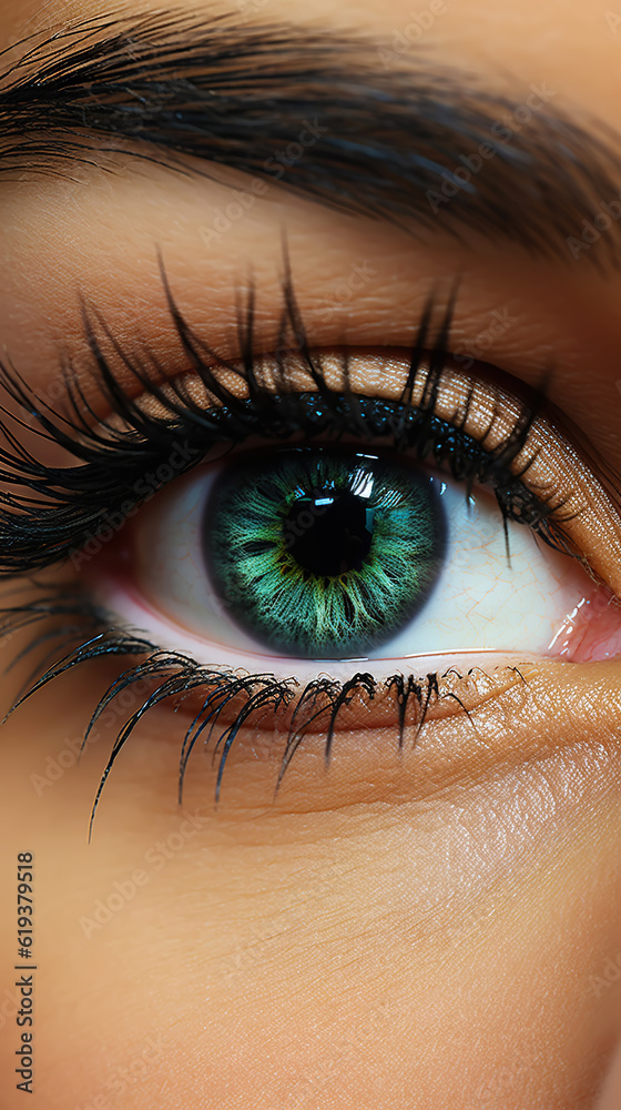 Close-up of a womans eye with dramatic lashes, black eyeline and professional makeup. Generative AI