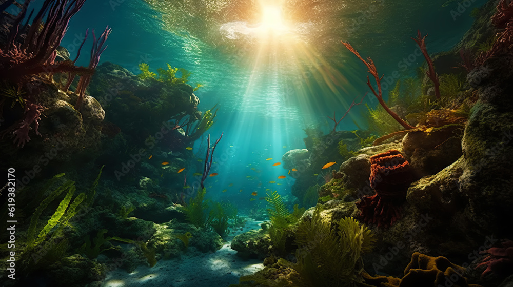 Underwater sunlight through the water surface seen from a rocky seabed with algae. Generative AI