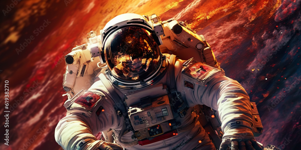 Portrait of astronaut floating in space with a asteroids, space rocks, burning sparks on backdrop. G