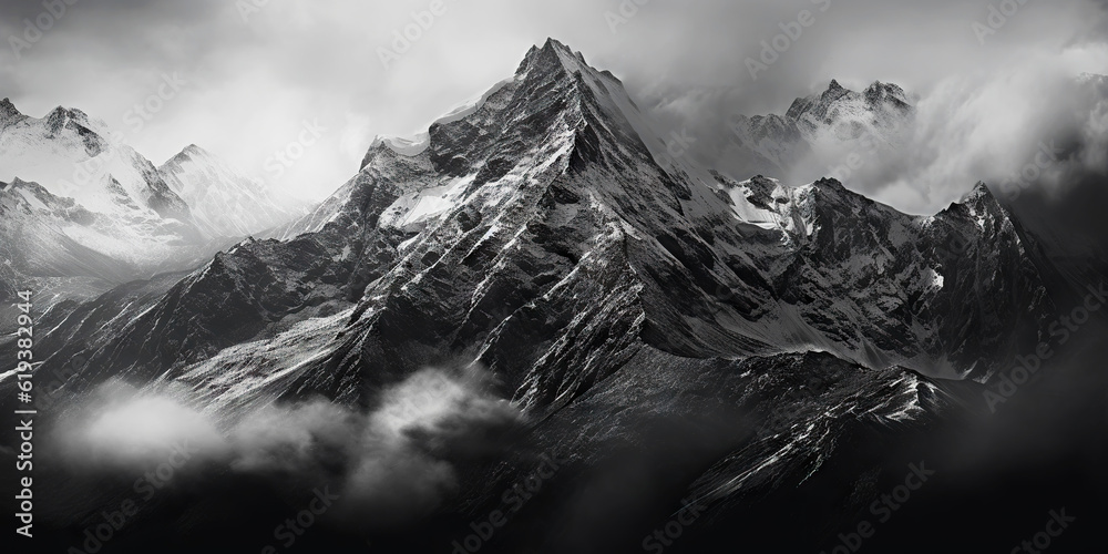 Dramatic snow-capped mountains landscape. Clouds and fog covers stone slopes. Generative AI