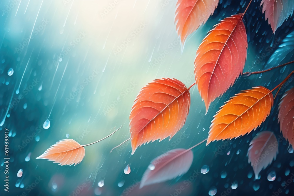 Beautiful colorful original background images of autumn rainy nature with orange leaves for creative