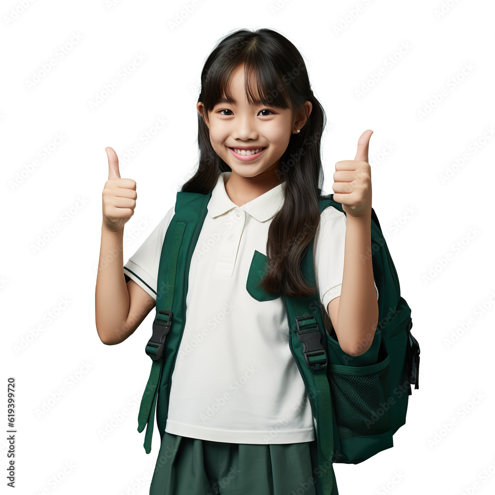 Asian happy student girl show thumb up finger like isolated PSD on a transparent Generative Ai