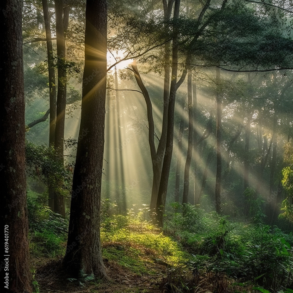 Luminous sun rays falling through the green foliage in a beautiful forest, with timber beside a path