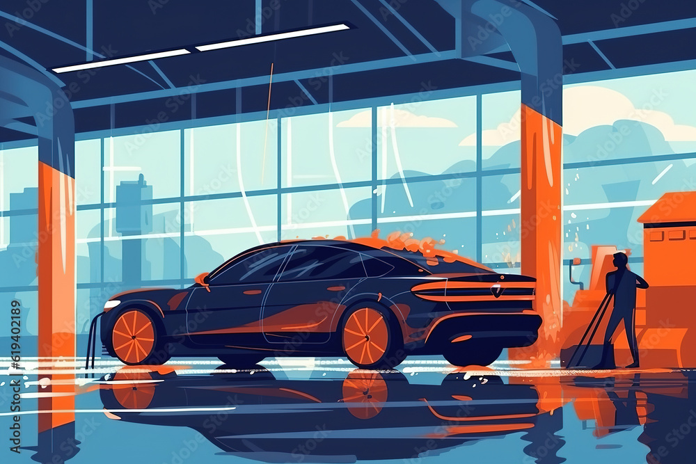 Modern indoor car wash shop interior scene