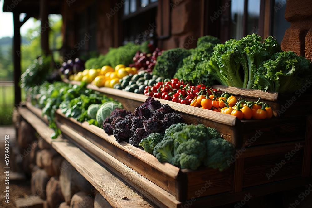 Fresh vegetables are planted next to the wooden house on the farm