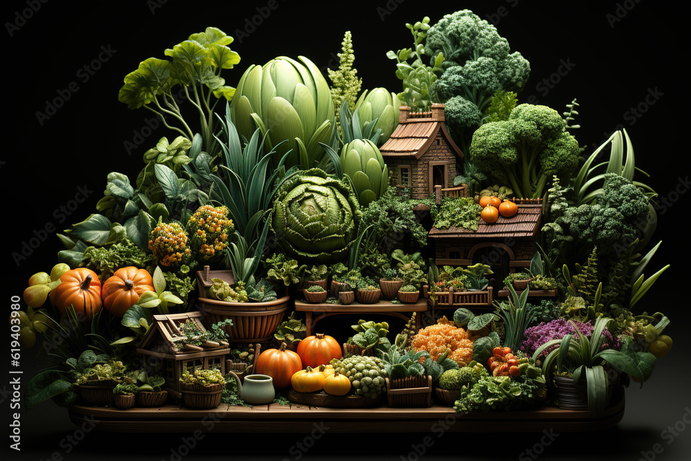 Fresh vegetables are planted next to the wooden house on the farm