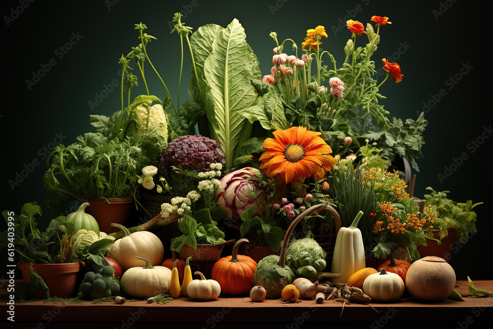 Fresh vegetables are planted next to the wooden house on the farm