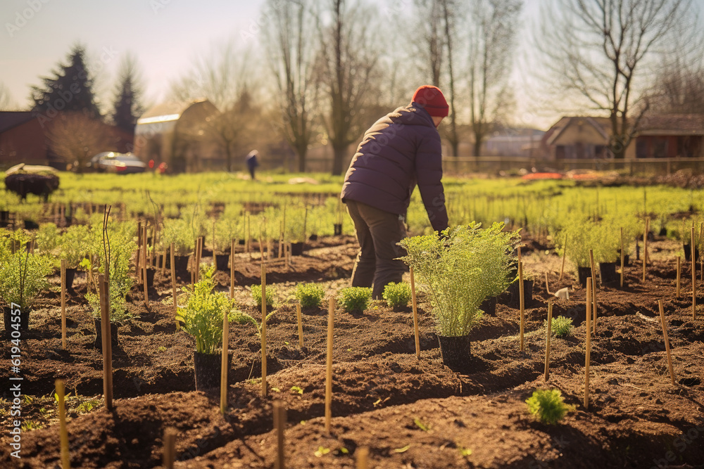 Farm workers plant green tree seedlings on the land