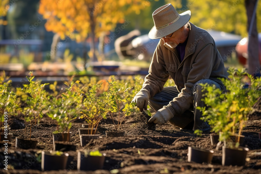 Farm workers plant green tree seedlings on the land