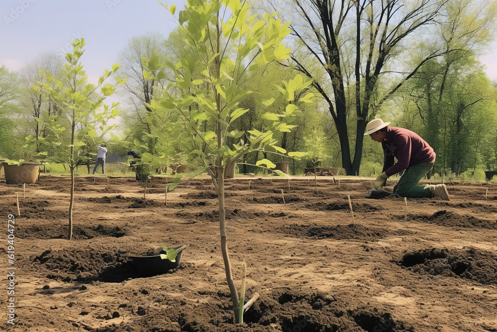 Farm workers plant green tree seedlings on the land