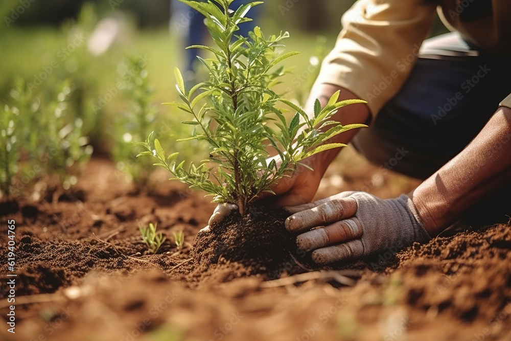 Farm workers plant green tree seedlings on the land