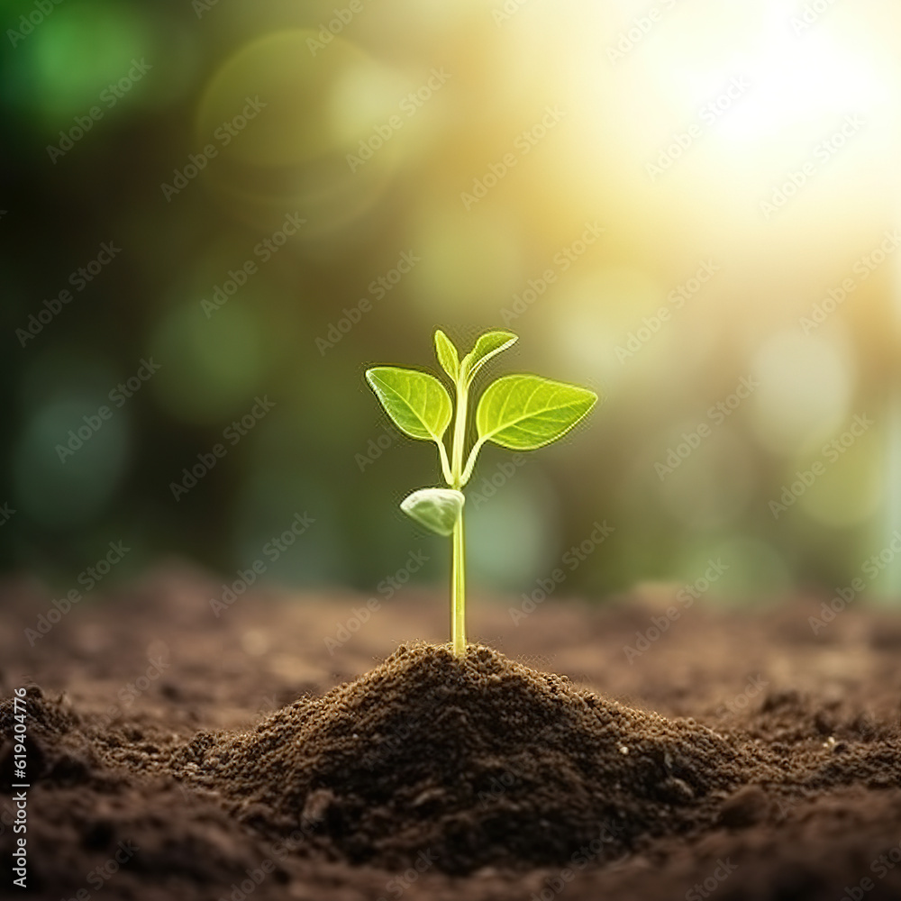 The concepts of plant growth are growing on the fertile soil in nature and morning light.