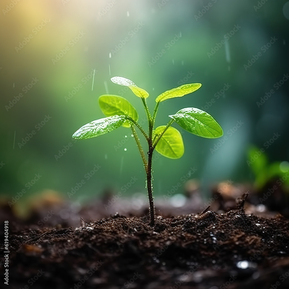 The concepts of plant growth are growing on the fertile soil in nature and morning light.