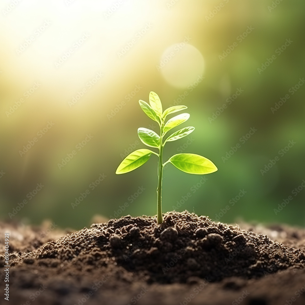 The concepts of plant growth are growing on the fertile soil in nature and morning light.