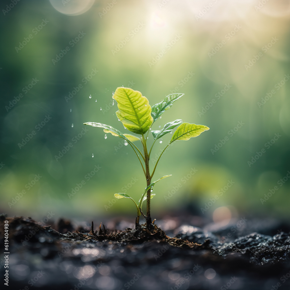 The concepts of plant growth are growing on the fertile soil in nature and morning light.