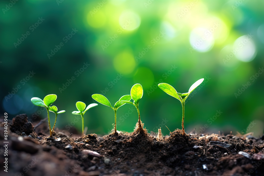 The concepts of plant growth are growing on the fertile soil in nature and morning light.