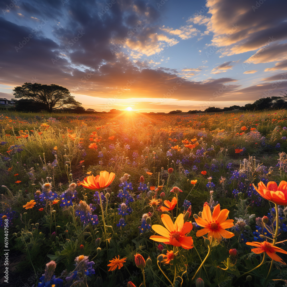 The beautiful grass is covered with various colorful wild flowers. It is endless, and the sun is fal