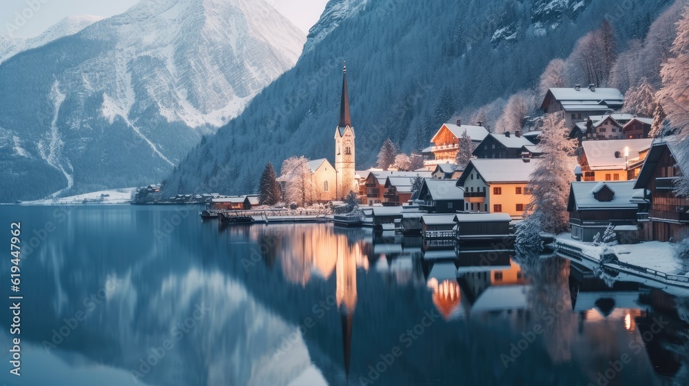 The idyllic village of Hallstatt with lake in the Austrian Alps, In winter time covered with snow.